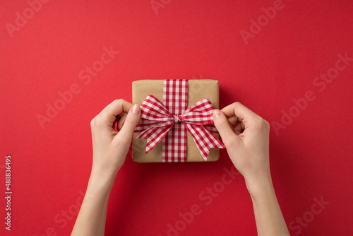 First person top view photo of valentine's day decorations woman's hands tying checkered ribbon bow on craft paper giftbox on isolated red background with copyspace © ActionGP