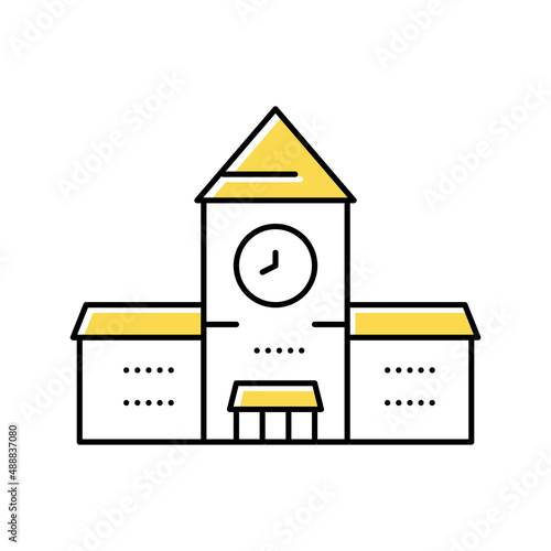 railway station building with clock color icon vector illustration