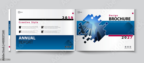 Design, white and blue cover brochures. Business information banner frame. Annual report. Set of title page. Modern, images. Font text. Rhombus mosaics and stripes. Urban Architecture. a4 format