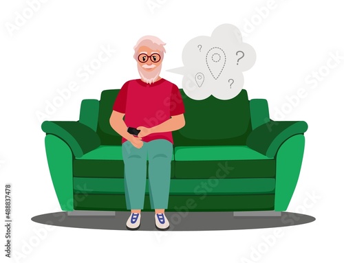 Dementia Grandpa on the couch can't figure out where he is Vector illustration in flat style
