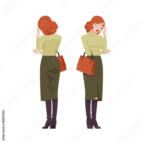 Red haired secretary woman, attractive redheaded business lady, headache. Office work outfit, young elegant businesswoman. Vector flat style cartoon character isolated on white background, front, rear