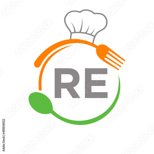 Letter RE Restaurant Logo with Chef Hat Spoon And Fork Template. Restaurant Logo On Letter RE Barbecue, Cafe Logo Vector