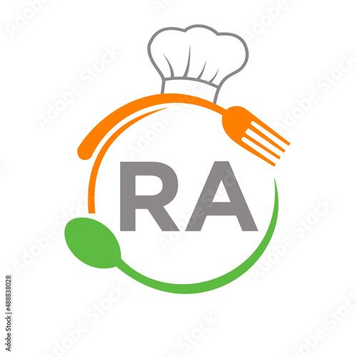 Letter RA Restaurant Logo with Chef Hat Spoon And Fork Template. Restaurant Logo On Letter A Barbecue, Cafe Logo Vector