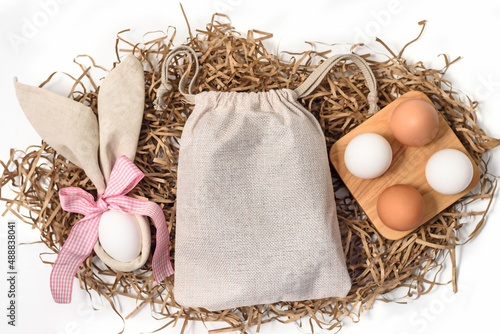 Photography Easter mockup gift sack tote with bunny and easter eggs on white background