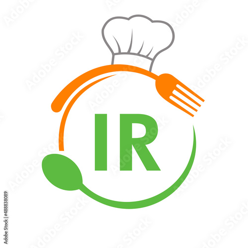 Letter IR Restaurant Logo with Chef Hat Spoon And Fork Template. Restaurant Logo On Letter IR Barbecue, Cafe Logo Vector