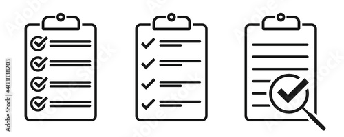 Clipboard icon. Checklist with checkmarks and magnifier. Quality check line sign. Check List flat line icon set.