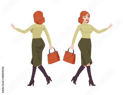 Red haired secretary woman, attractive redheaded business lady walking. Office work outfit, young elegant businesswoman. Vector flat style cartoon character isolated on white background, front, rear