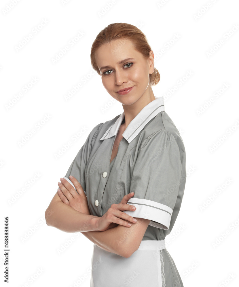 Portrait of chambermaid in tidy uniform on white background Portrait of chambermaid in tidy uniform on white background