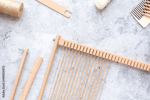 Konstfotografi Weaving tools, needlework, handmade. Flat lay