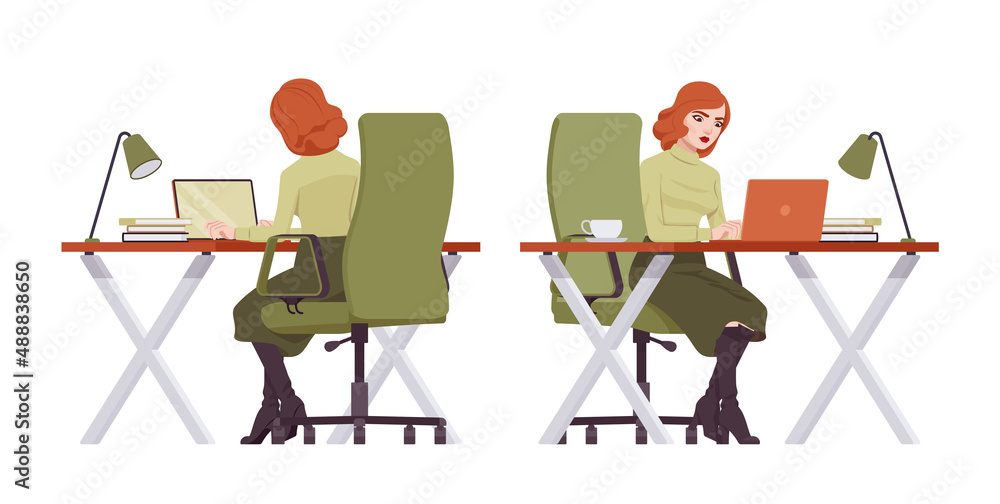 Fototapeta premium Red haired secretary woman, redheaded business lady working at desk. Office work outfit, young elegant businesswoman. Vector flat style cartoon character isolated on white background, front, rear view