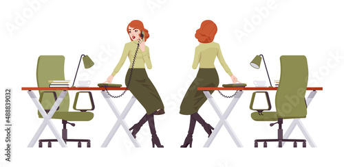 Red haired secretary woman, redheaded business lady posing at desk. Office work outfit, young elegant businesswoman. Vector flat style cartoon character isolated on white background, front, rear view