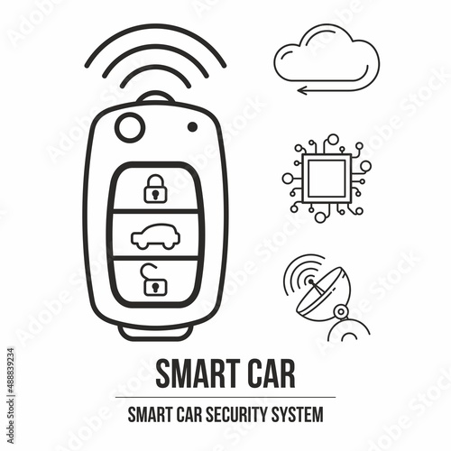 Smart car key. Automobile protection, modern technology. Vehicle safety locks and alarm remote control.  