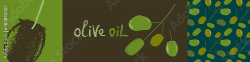 Vector green olive pattern seamless. Olives branch drawings for Italian Extra Virgin Olive Oil. Greek wallpaper. Rural food label, rustic decor. Vegan handmade soap. Vegetarian cosmetic background.