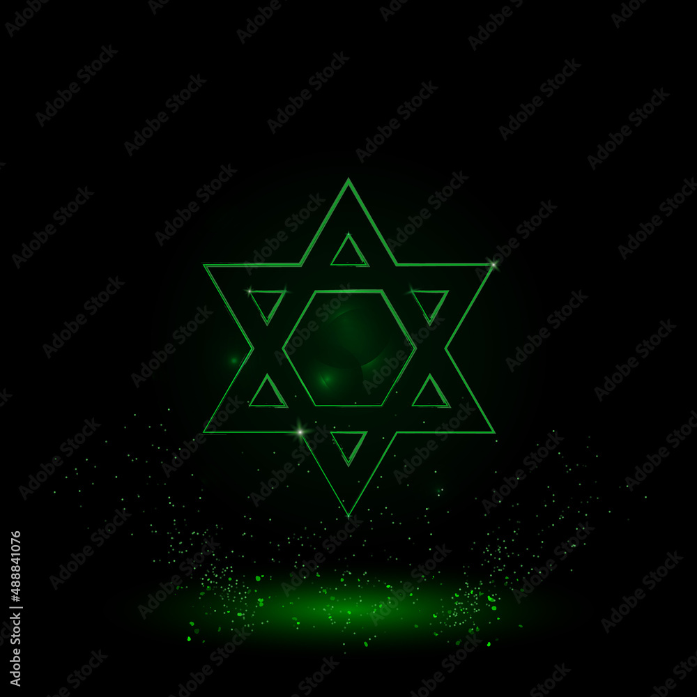 Obraz premium A large green outline star of David symbol on the center. Green Neon style. Neon color with shiny stars. Vector illustration on black background