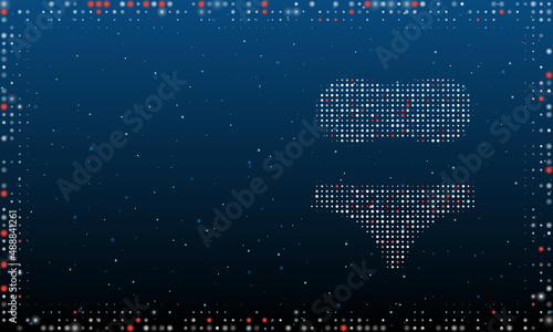 On the right is the bikini symbol filled with white dots. Pointillism style. Abstract futuristic frame of dots and circles. Some dots is red. Vector illustration on blue background with stars