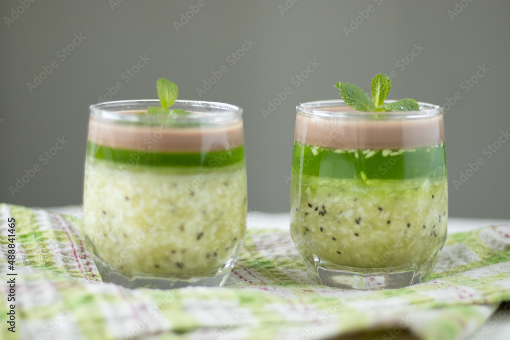 jelly with kiwi, chocolate and coconut decorated with mint jelly with kiwi, chocolate and coconut decorated with mint
