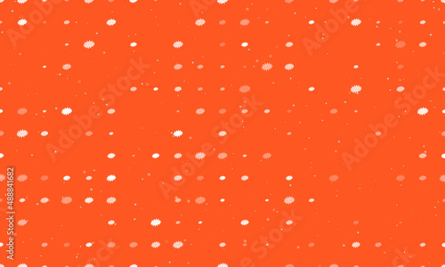 Seamless background pattern of evenly spaced white explosion symbols of different sizes and opacity. Vector illustration on deep orange background with stars