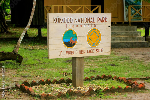 Komodo National Park sign at the visitor center on Rinca Island, Nusa Tenggara, Indonesia photo