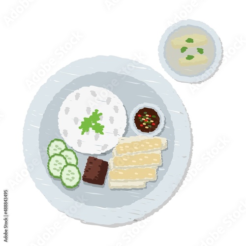 Steamed rice topped with chicken cartoon top view design colorful chalk. Draw a picture on a white background.