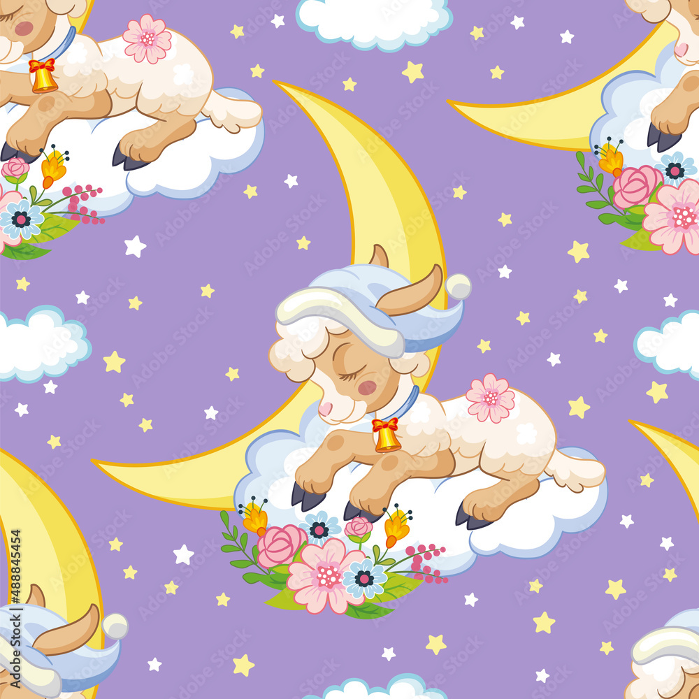 Seamless pattern with dreaming lambs at night