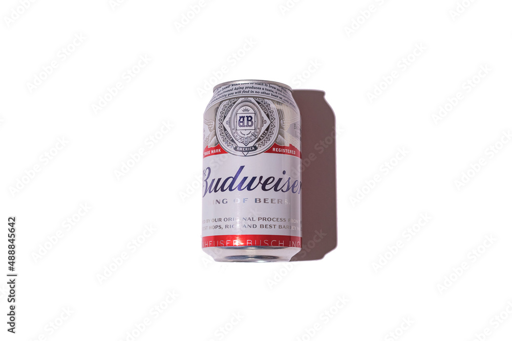 Budweiser american beer can with hard shadow on white background
