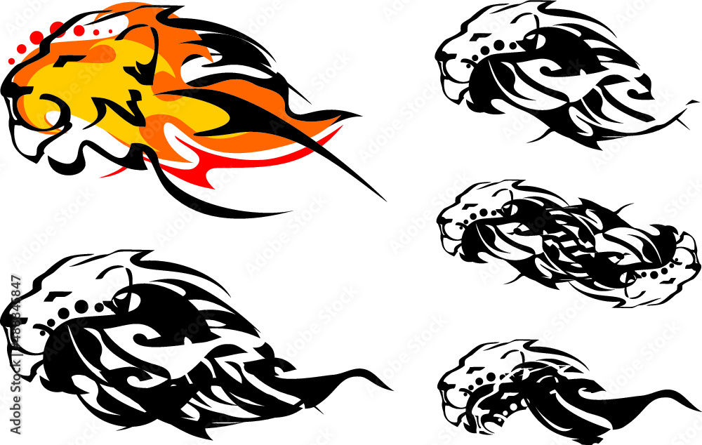 Obraz premium Flaming lion head symbols in form of a wave on a white background. Roaring lion's head in orange-black and black-white tones for web icons, embroidery, prints, emblems, fabric products, logos, etc.