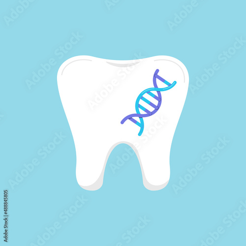 TTooth with dna dental icon isolated on blue background. Strong healthy tooth with chromosome gene. Vector flat design human dentistry clip art illustration.