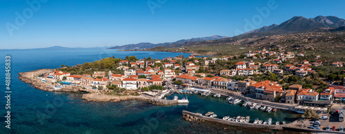 Greece Peloponnese. Mani, Agios Nikolaos traditional fishing village and port, aerial panorama