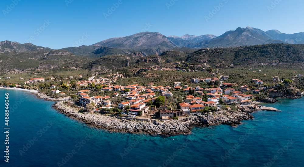 Greece, Kardamili town, Mani aerial view. Stone building and nature. Blue sky and sea