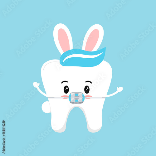 Cute easter tooth in braces icon isolated. Orthodontist dentistry tooth character in brackets with easter bunny ears costume. Flat design cartoon vector clip art dental kids illustration.