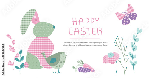 Happy Easter banner spring composition vector illustration with bunny, bird, flowers, floral and lettering in pastel tartan pattern flat design, POP ART style.