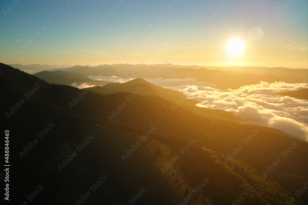 Aerial view of amazing scenery with foggy dark mountain peak covered with forest pine trees at autumn sunrise. Beautiful wild woodland with shining rays of light at dawn