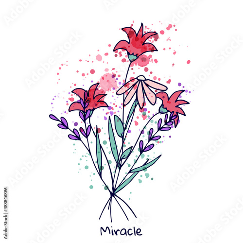 Vector simple bouquet of wild pink flowers and purple lavender. Watercolor splashes. Manual drawing. Isolated object on a white background.