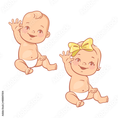 Little baby boy and girl in diaper siting. 
