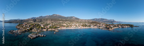 Greece Peloponnese. Stoupa seaside village and beach, aerial panorama view. Mani, Messenia
