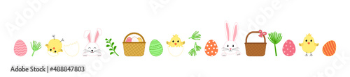 Easter vector cute set, cartoon rabbit and egg hunt, spring basket, chick with shell, happy bunny isolated on white background. Holiday illustration