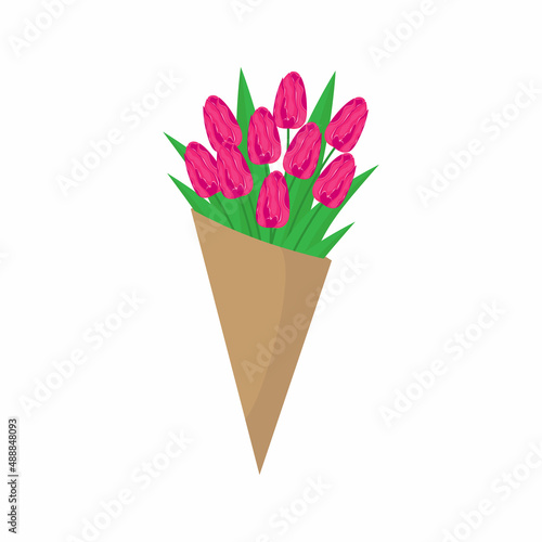 Colorful bouquet of pink tulips Beautiful bouquet of spring flowers with long leaves inside the bouquet. Flat style vector illustration