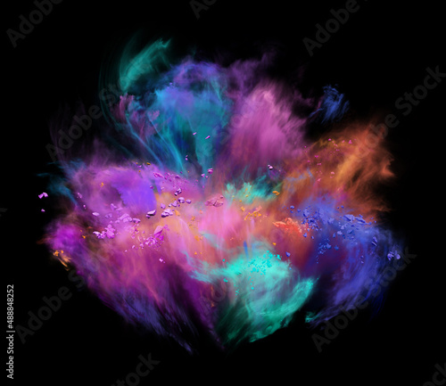 Explosion of pink, orange; blue and turquoise powder on black background