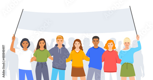 Young people activists, angry boys and girls stand together holding a political banner. Peaceful students demonstration. Public protests for justice. March for civil rights. Flat cartoon illustration
