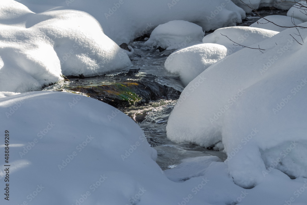 Flowing river water among snowdrifts in winter