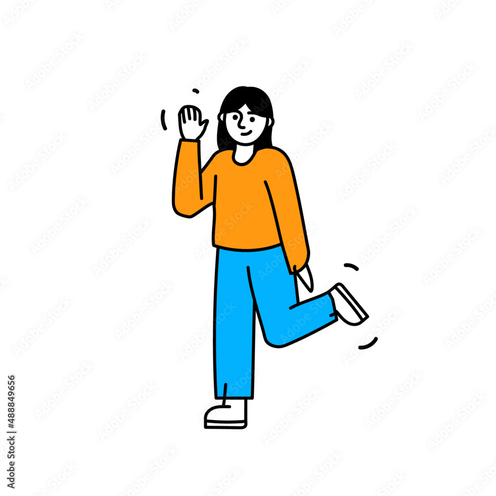 Girl waving hand flat vector illustration. Black hair woman in a yellow shirt and blue jeans saying hi web illustration. Girl waving hand flat vector illustration. Black hair woman in a yellow shirt and blue jeans saying hi web illustration.