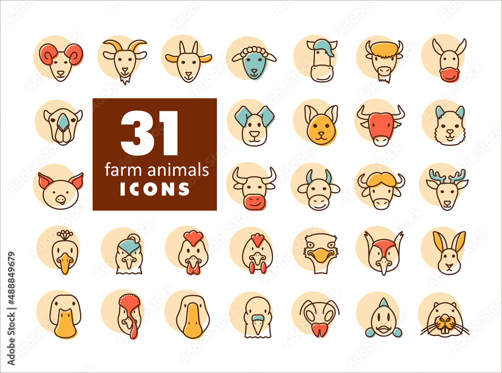Obraz premium Farm animals icons set. Vector head illustration.