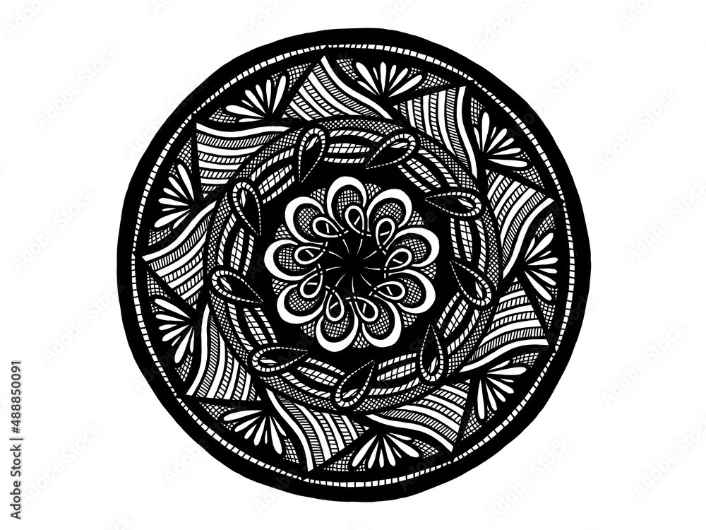black and white mandala ornament hand drawn