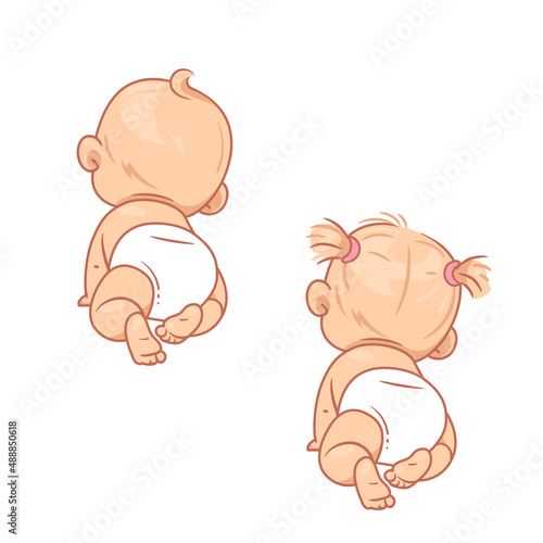 Cute little baby girl, boy in diaper crawling. 