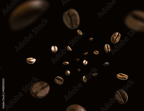 Coffee beans in flight on a dark background