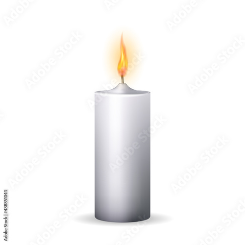 Realistic burning white wax cylindrical round shape candle.