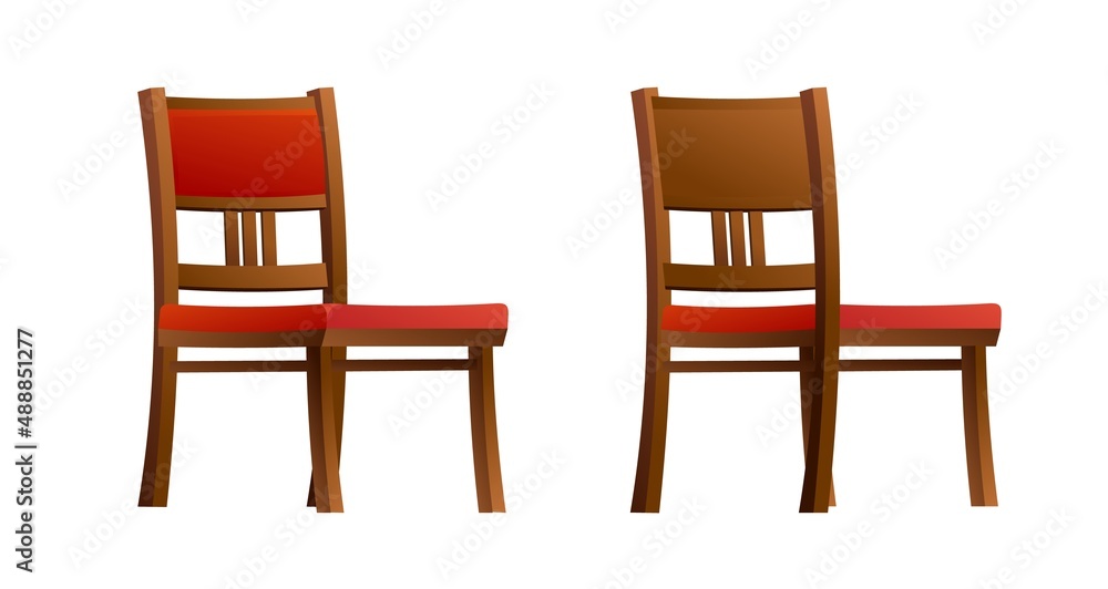 Chair made of wood with red soft upholstery. Furniture set. Front and back view. Cartoon funny style illustration. Vector Chair made of wood with red soft upholstery. Furniture set. Front and back view. Cartoon funny style illustration. Vector
