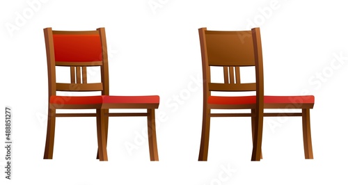 Chair made of wood with red soft upholstery. Furniture set. Front and back view. Cartoon funny style illustration. Vector