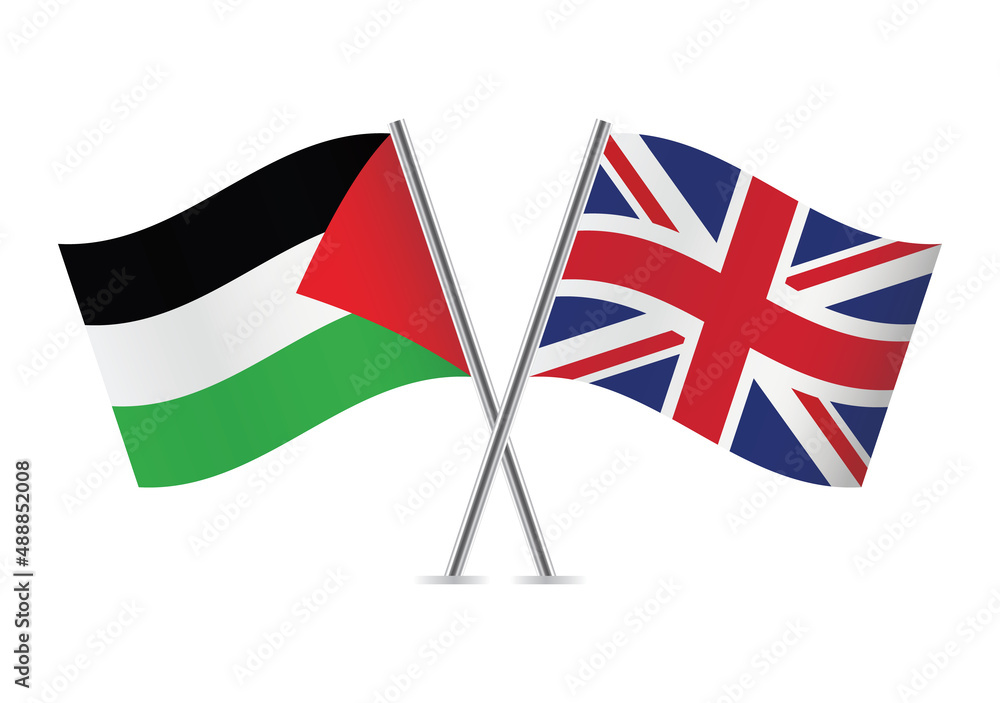 Palestine and Britain crossed flags. Palestinian and British flags isolated on white background. Vector icon set. Vector illustration.