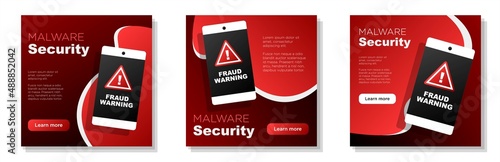 Malware security social media post, banner set, online fraud prevention advertisement concept, data security marketing square ad, abstract print, isolated on background